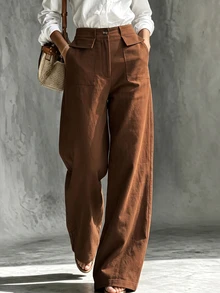 SHEIN Holidaya Women's High Waist Pocket Decor Shades Of Brown Casual Versatile Long Pants Thanksgiving Work Office Autumn Trousers Women Pants - Brown - View 2