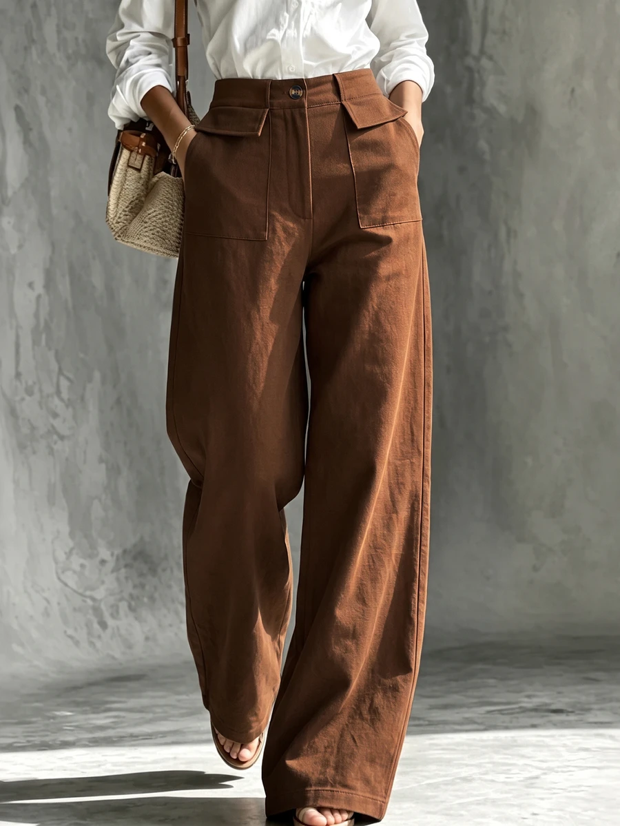 SHEIN Holidaya Women's High Waist Pocket Decor Shades Of Brown Casual Versatile Long Pants Thanksgiving Work Office Autumn Trousers Women Pants