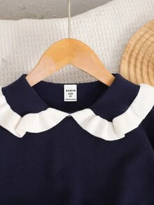 SHEIN Baby Girl Casual Comfortable Collared Ruffle Hem Sweater & Autumn Winter Skirt Set, Royal Blue Contrast Color - Royal Blue - View 3