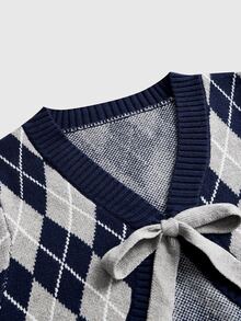 Sweetness Autumn/Winter Sweet Girl Plaid Knit Vest And Cardigan With Bowknot Women's Sweater 2 Pieces Set - Multicolor - View 3