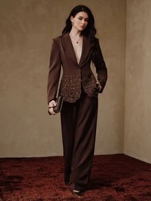 Anewsta Women's New Vintage Elegant Party Evening Heavy Embroidery Hollow Out Long Sleeve Rhinestone Bling Blazer - Brown - View 6