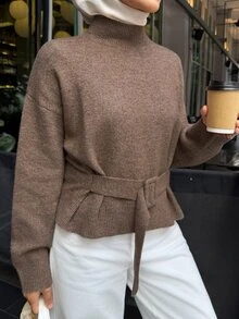 DAZY Women's Solid Color Sweater With Belt, Urban Renaissance Street Style, Casual Fashion, Creative Personalized Streetwear - Khaki - View 3