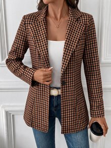 SHEIN Clasi Women's Plaid Lapel Neck Long Sleeve Casual Blazer - Rust Brown - View 4