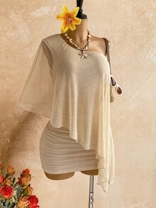Soleia Women's Solid Color Ruffle Mini Cami Dress, Summer Beach Vacation Outfit, Bohemian Tropical Style, Gold Summer Dress - Apricot - View 7