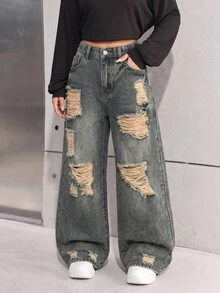 SHEIN 女童復古復古風藍色做舊寬鬆牛仔長褲 2026秋冬款 可愛Y2K百搭 萬聖節新年穿搭 - 中等水洗藍 - 查看 5