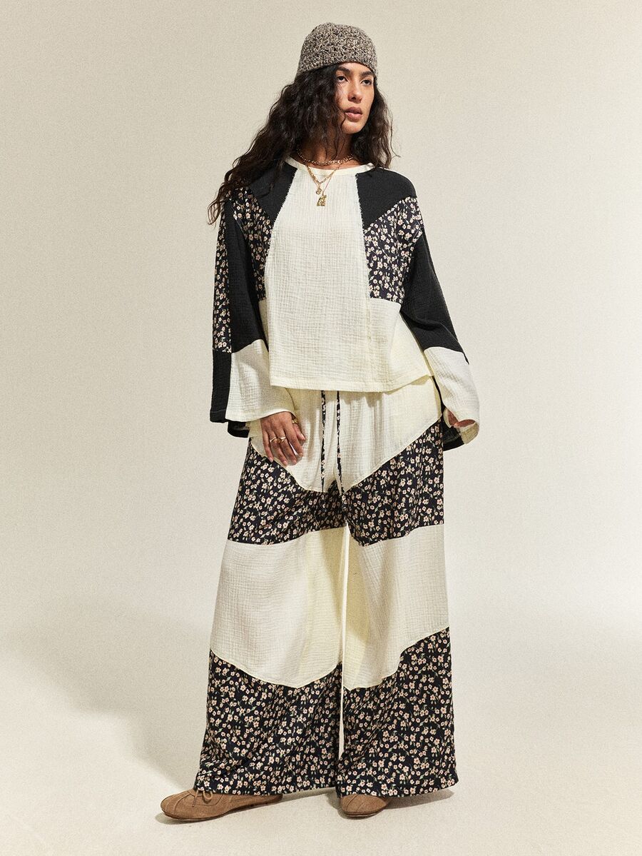 SHEIN Ms. Posey's 秋季兩件套,圓領長袖拼接上衣,寬鬆寬腿拼接長褲,適合日常休閒、購物 - 彩色 - 查看 1