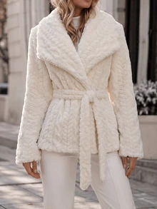 SHEINBlues Women's Textured Jacquard Plush Tie-Front Jacket - Apricot - View 2