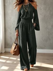 Omancia Women's Cold Shoulder Cinched Waist Daily Jumpsuit - Dark Green - View 1