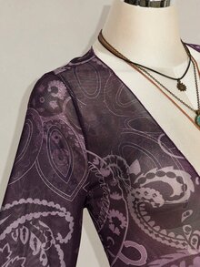 SHEIN ICON 女款大尺碼佩斯利印花前綁帶喇叭袖高低下擺上衣 - 紫色 - 查看 10