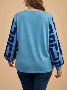Comfylo 大尺碼拼色燈籠袖休閒寬鬆上衣，秋冬度假穿搭 - 藍色 - 查看 2