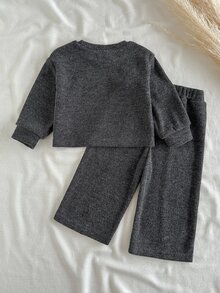 SHEIN Vintaside Kids 2件組女嬰上衣+長褲套裝，甜美深灰色毛絨羅紋針織，中縫設計，彈性長袖圓領，休閒款，適合生日派對、秋季假期、聖誕節 - 黑色 - 查看 2