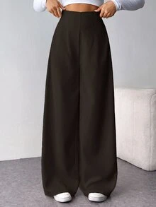 SHEIN Tall CURVE Plus Size Women Solid Color High Waist Wide Leg Loose Casual Long Pants - Brown - View 2