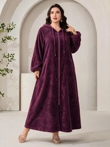 Veilorie 大尺碼簡約百搭拉鍊連帽長袖洋裝 - 藕粉色 - 查看 1