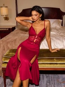 Slumberist Women's Sexy Lace Patchwork Side Slit Long Nightgown With Bow Decor - Burgundy - View 6
