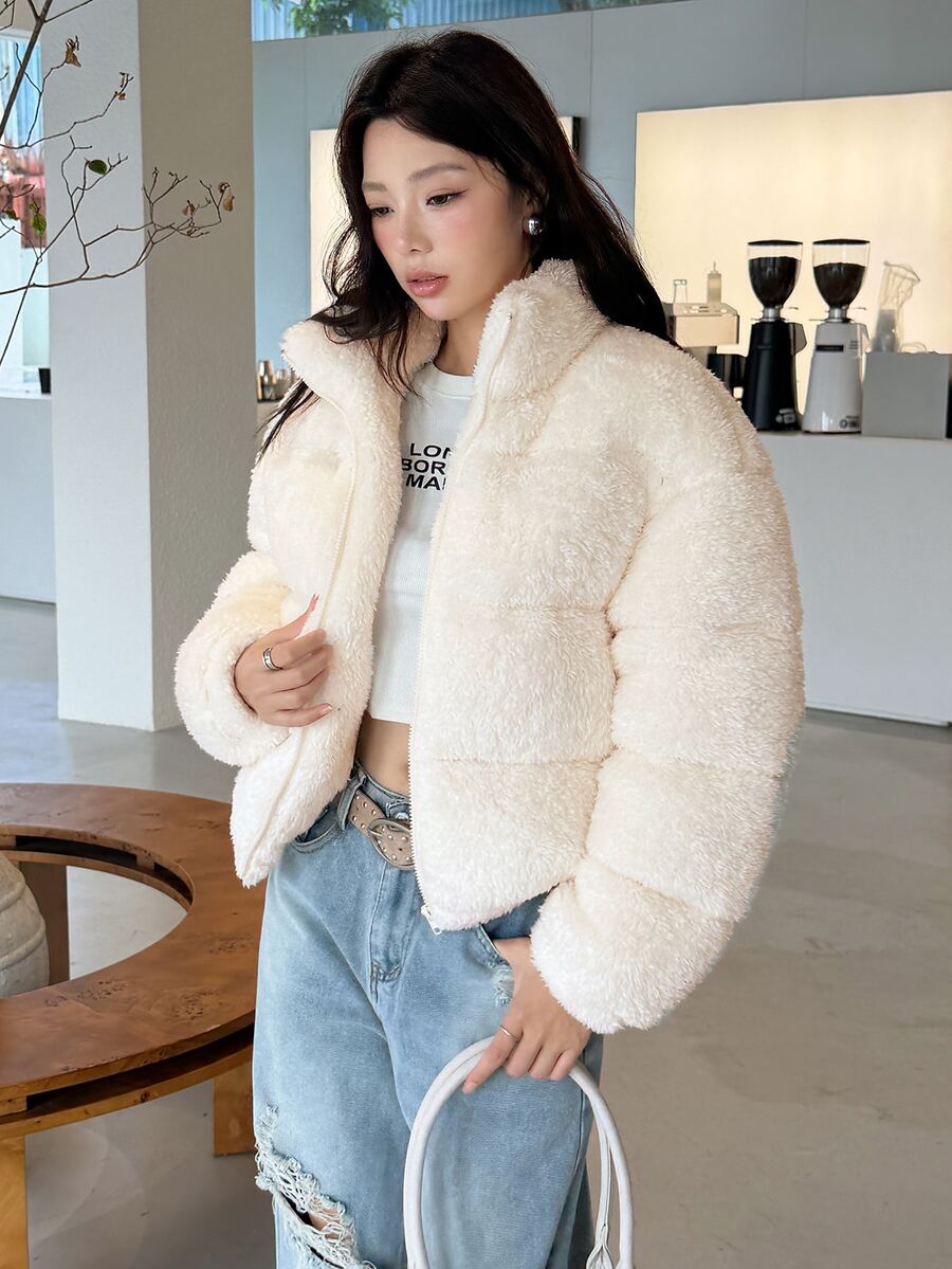 K-Vae Women's Beige Plush Padded Coat, Autumn/Winter - Beige - View 1