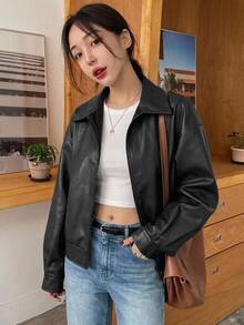 DAZY Lapel Zipper Loose Fit Versatile BF Style Motorcycle Leather Jacket Long Sleeve - Black - View 4