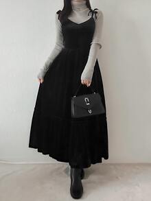 FRIFUL Gaun Berlapis Model Vintage Fashion Wanita dengan Tali Pengikat, Gaya Preppy - Hitam - View 5
