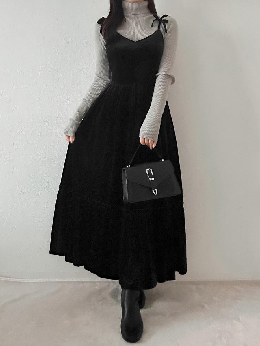 FRIFUL Women's Vintage Fashion Lace-Up Layered Dress, Preppy Style - Black - View 1