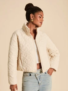 Travachic Women's Stand Collar Floral Quilted Zip-Front Double Pocket Casual Fashion Jacket - Apricot - View 7