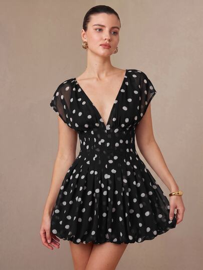 BELROSIE Vestido de mujer con cintura, línea A, gasa, escote en V profundo, dobladillo fruncido, corto, elegante, negro con lunares, vestido corto, vestido elegante, vestido de fiesta, otoño