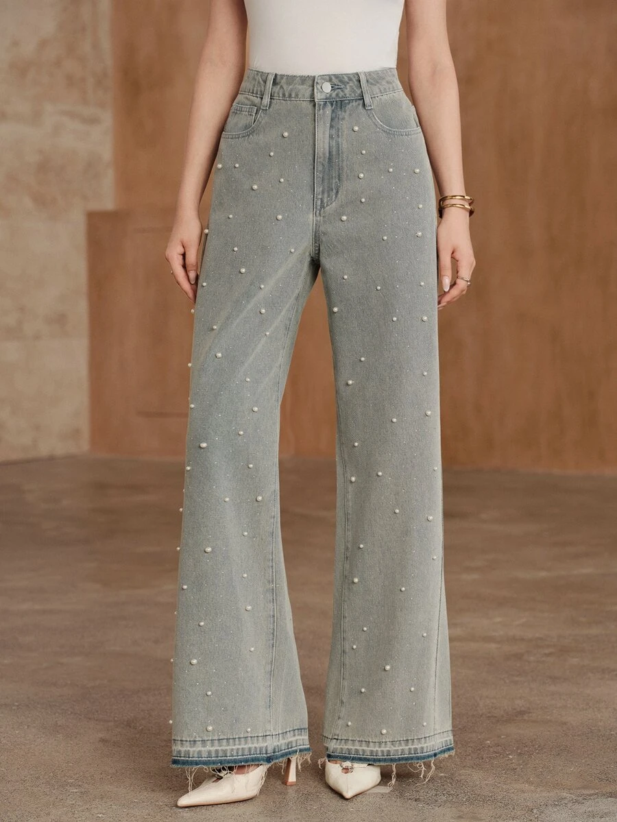 Anewsta Flared Rhinestone Studded Denim Jeans - Blue - View 1