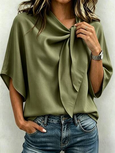 Linhara CURVE Plus Size V-Neck Batwing Sleeve Blouse, Country Style Top, Business Casual Commute Shirt, Halloween Holiday Beach Daily Wear, Plus Size Shirt