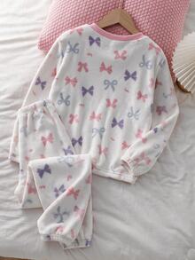 Bộ đồ ngủ 2 món cho bé gái tween, thu/đông mới, họa tiết nơ in toàn thân, lót nhiệt, lông xù dày, thân thiện với da, ấm áp, cổ tròn, tay dài, quần dài, đồ mặc nhà 1 set - trắng - Xem 2