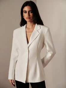 BELROSIE Women's Blazer Jacket Lace Slim Fit Cinched Waist, Large Back Lace Patchwork Design, Back Waist Tie Detail, V-Shaped Open Back Cut, Elegant Lace Blaze - White - View 4