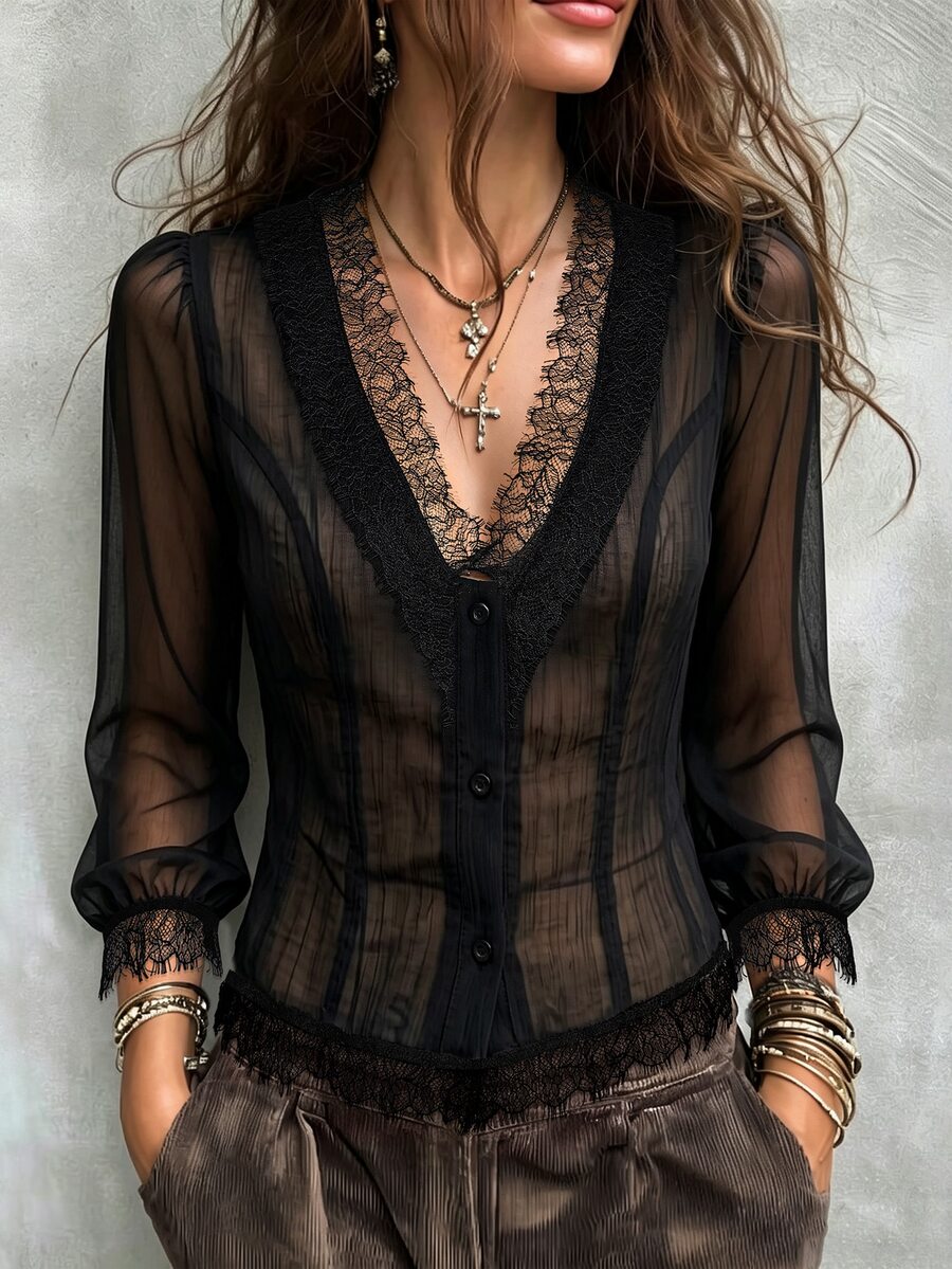 SHEIN Holidaya Women's French Lace Sheer Button-Down Shirt, Elegant Commuter Style - Black - View 1