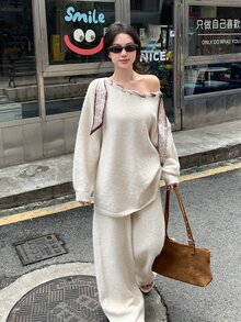 DAZY Women's Off-Shoulder Solid Color Casual Long Sleeve Korean Style Sweater 2 Pieces Set - Apricot - View 1