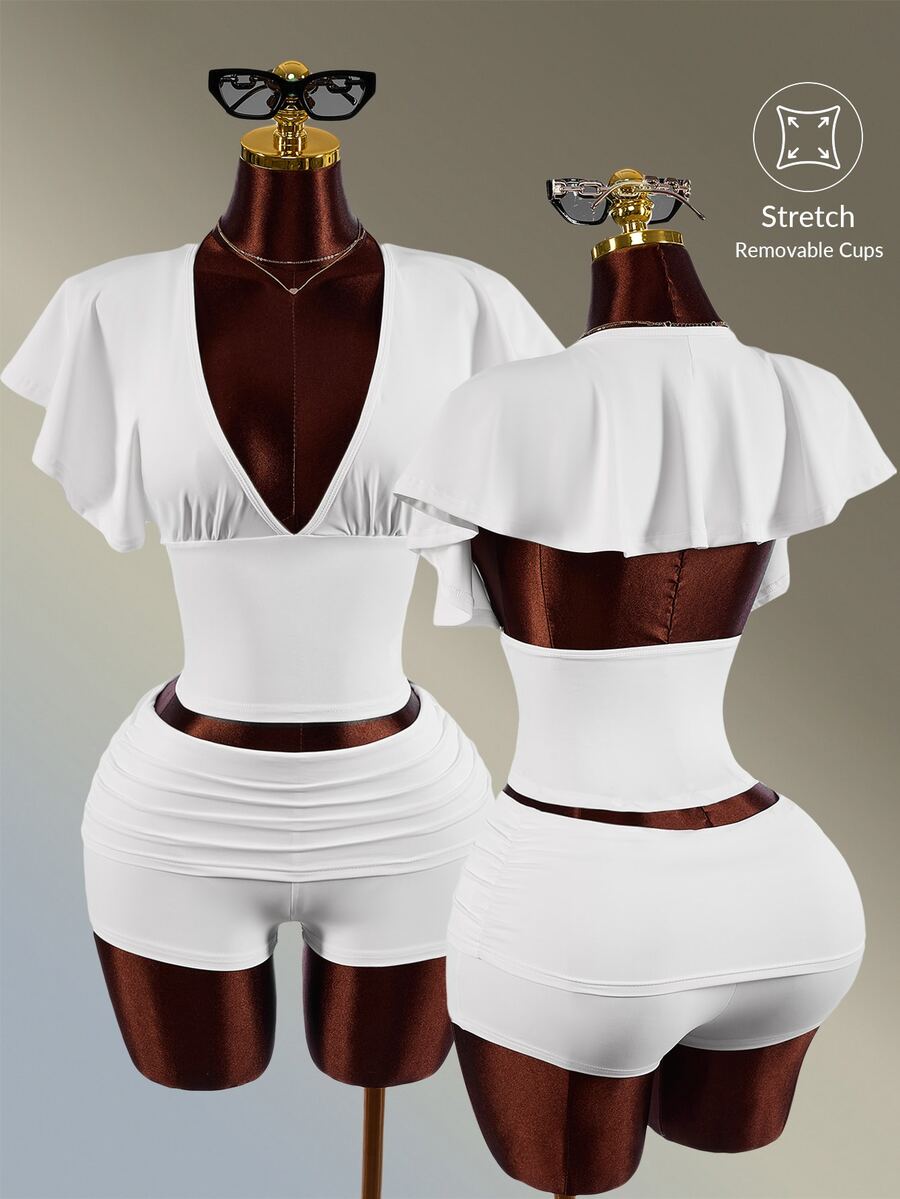 Amplova Women's White V-Neck Ruffle Backless Super Short Tight Shorts Set - White - View 1