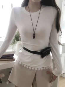 DAZY Women's Round Neck Lace Patchwork Versatile All-Season Korean Style Long Sleeve Solid Color Base Layer T-Shirt - White - View 4