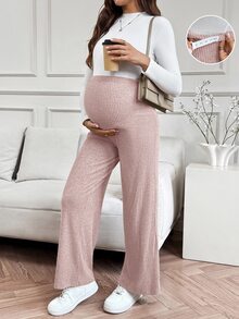 SHEIN 孕婦純色可調腰圍休閒日常長褲 - 藕粉色 - 查看 5
