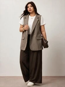 Enliva Plus Size Plaid Lapel Vest Top Apple - Brown - View 4