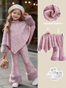 SHEIN Young Girl Fall// Casual T-Shirt Set, Asymmetrical Pullover High Neck White Textured Knit Flared Pants Set 7th Birthday First Birthday - Pink - View 4
