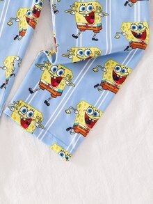 SpongeBob SquarePants | SHEIN 小男孩休閒卡通條紋印花長袖上衣與長褲睡衣套裝 - 彩色 - 查看 3