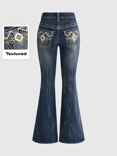 Women's Cowgirl Embroidered Hippie Style Jeans, Urban Renaissance Streetwear, Casual Fashion, Creative Personalized Street Style