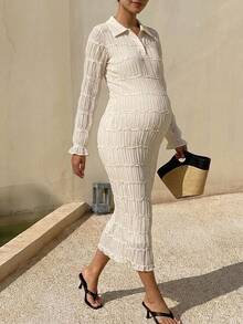 DAZY Solid Color Textured Fabric Long Sleeve Dress, Elegant Vacation Korean Style Spring/Autumn Maternity Dress - Beige - View 5