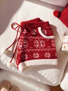 Comfortcana 女款針織短褲，附口袋、抽繩、雪花圖案與毛球裝飾，聖誕風格 - 紅色 - 查看 11
