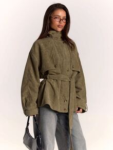 SHEIN BAE Women's Stand Collar Belted Solid Color Jacket, Urban Renaissance Street Style, Casual Fashion Creative Personalized Streetwear - Green - View 5