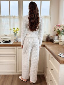 Snug Reverie French Vintage Polka Dot V-Neck One-Piece Pajamas, Sweet Ruffle Waist Long Sleeve Loungewear - White - View 2