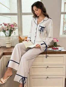 Snug Reverie Korean Style Striped Bow Pajama Set Women's Lapel Loungewear - White - View 3