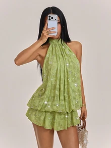 SHEIN PETITE Women's Solid Color Beaded Cold Shoulder Mini Dress - Green - View 6