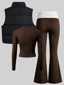SHEIN 3Pcs/Set Tween Girls Casual Quilted Vest & Long Sleeve Slim Fit T-Shirt & V-Waist Pants Set, Fall, Fall Outfits - Brown - View 2