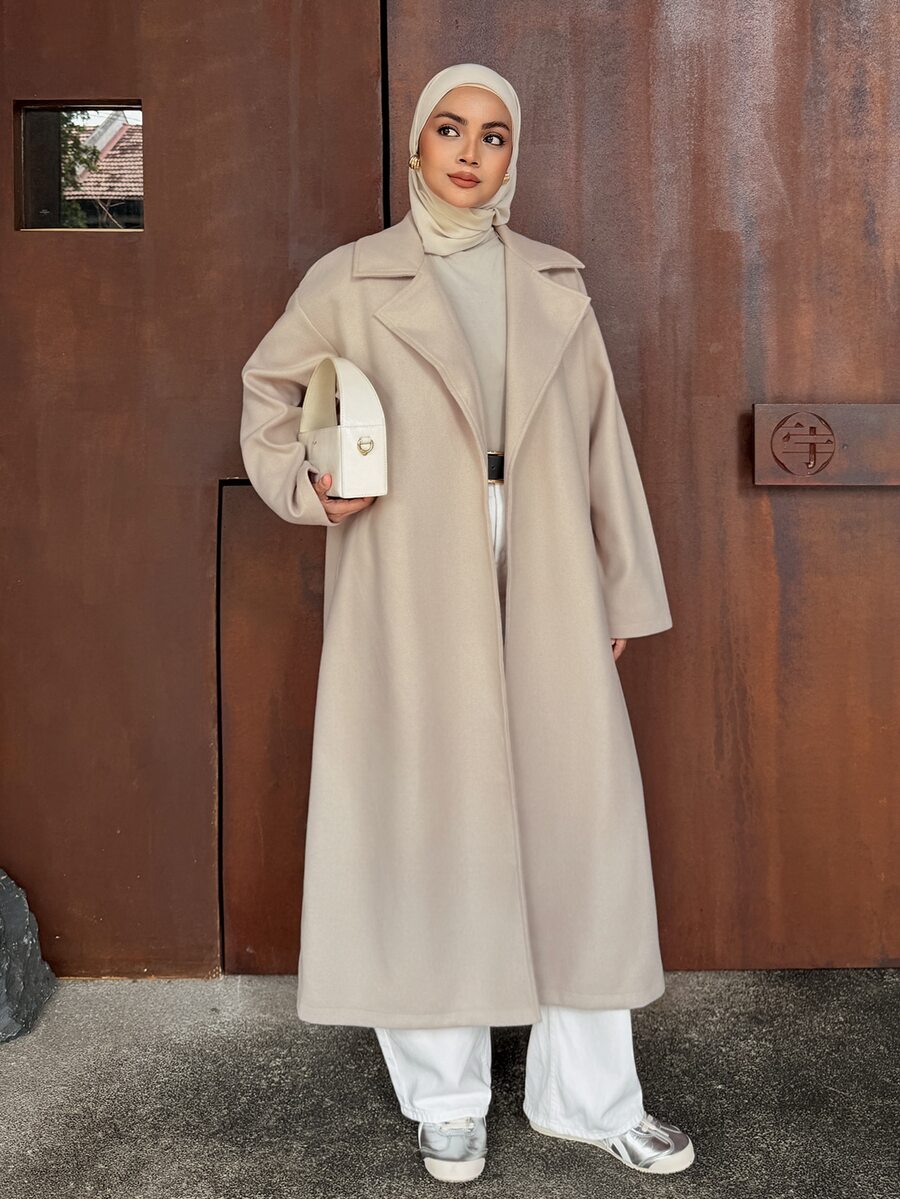 DAZY معطف طويل فضفاض بلون الجمل للخريف/الشتاء، أنيق بسيط وراقي للتنقل اليومي للنساء من الصوف - لون مشمشي - مشاهدة 1