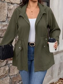 SHEIN Clasi Plus Size Zipper Button Pocket Long Sleeve Hooded Jacket - Army Green - View 3