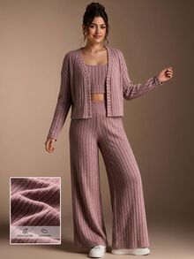 SHEIN BASICS Women's Solid Color Dropped Shoulder Long Sleeve Open Front Top, Cropped Tank Top And Long Pants Casual Set - Coral Orange - View 13