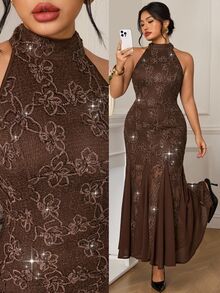 EastFlair Plus Size Women's Lace Brown Chinese Style Elegant Evening Dress - Brown - View 1