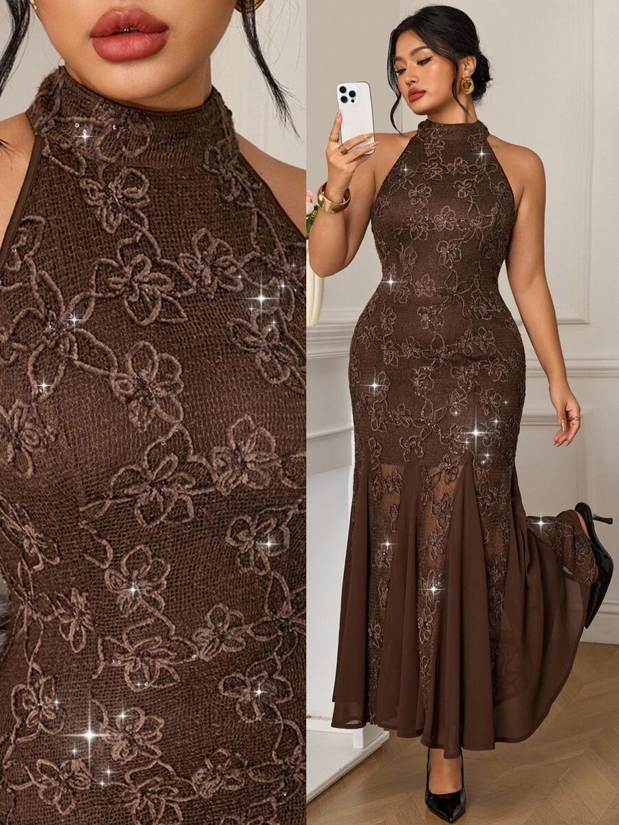 EastFlair Plus Size Women's Lace Brown Chinese Style Elegant Evening Dress - Brown - View 1