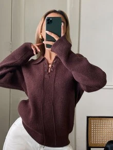 Livesso Women's Fall Dark Brown Round Neck Long Sleeve Cable Knit Slim Fit Ribbed Casual Retro Vintage 70s 80s Retro Sweater Brunch - Coffee Brown - View 4